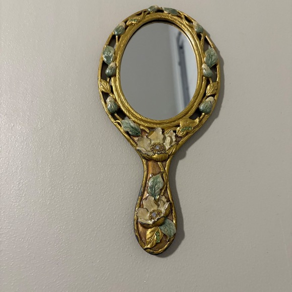 Vintage Ornate Hand Mirror Floral Art Nouveau Gilt Metal Vanity Decor - Picture 2 of 9